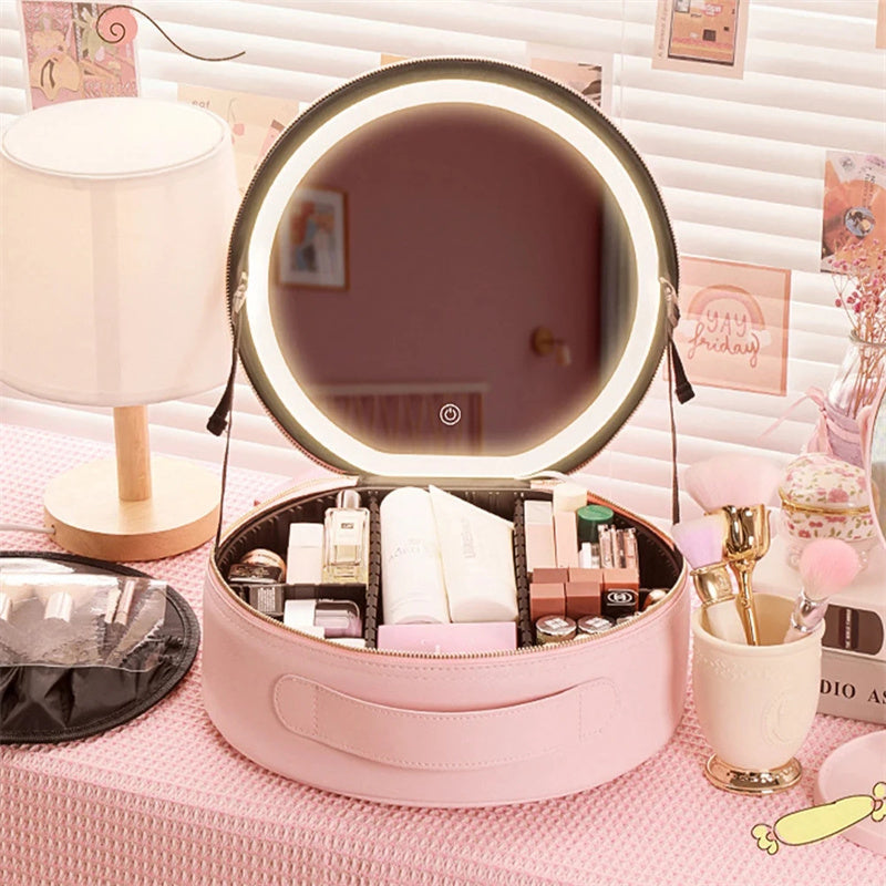 Round Smart LED Makeup Bag With Mirror Light