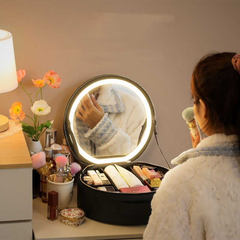 Round Smart LED Makeup Bag With Mirror Light